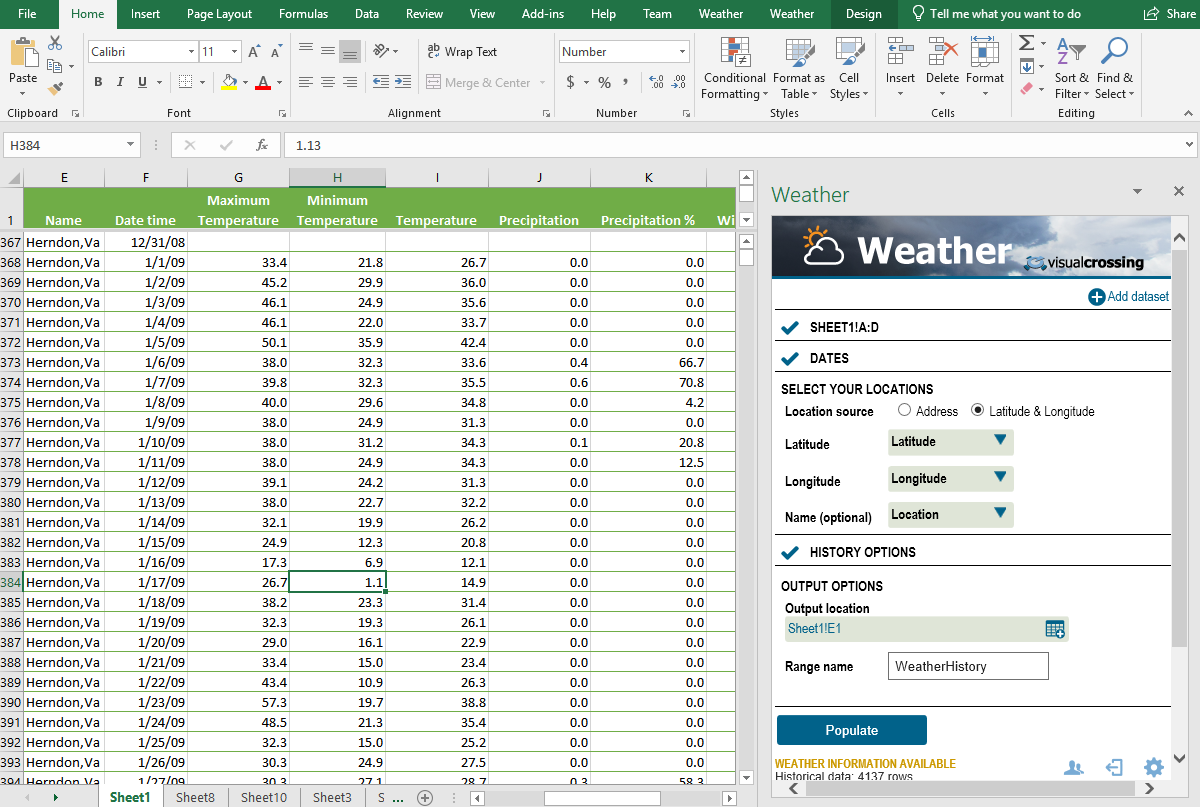 Visual Crossing Weather add-in makes it easy to import weather data